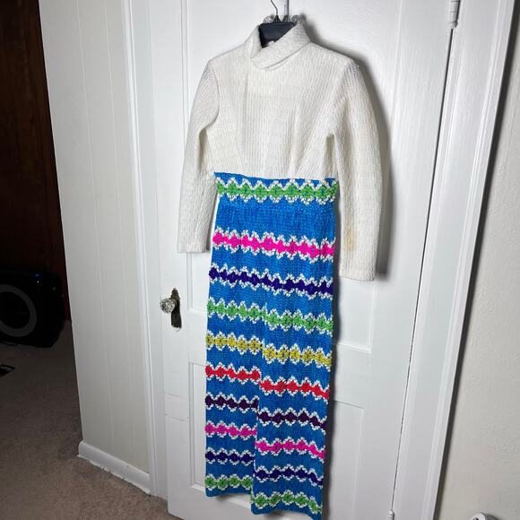 Vintage Mod 60s Colorful Knit Striped Long Sleeve Hostess Dress Gown Size Small - Picture 1 of 7